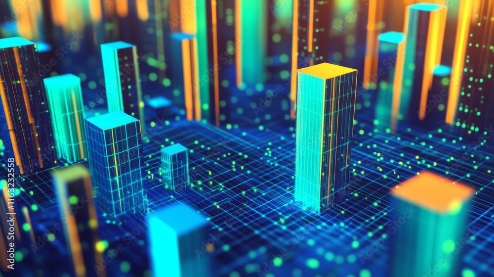 Poster A detailed D financial bar graph with rising bars in blue and green tones, set against a modern digital grid background with glowing elements.