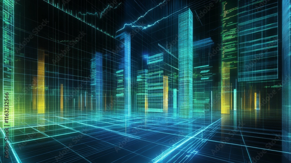 Poster a detailed d financial bar graph with rising bars in blue and green tones, set against a modern digi