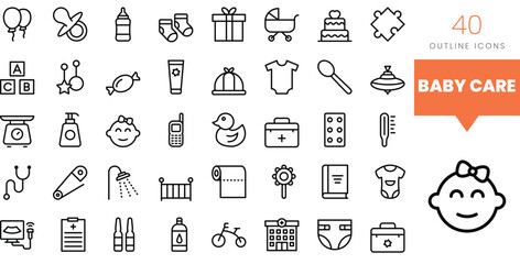 Set of minimalist linear baby care icons. Vector illustration