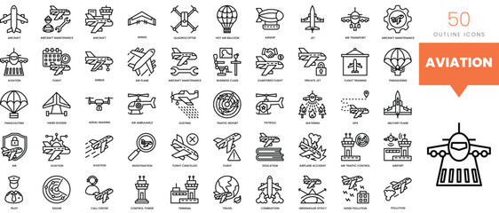 Obraz premium Set of minimalist linear aviation icons. Vector illustration