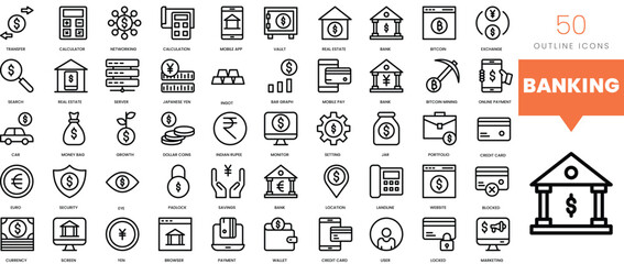 Set of minimalist linear banking icons. Vector illustration
