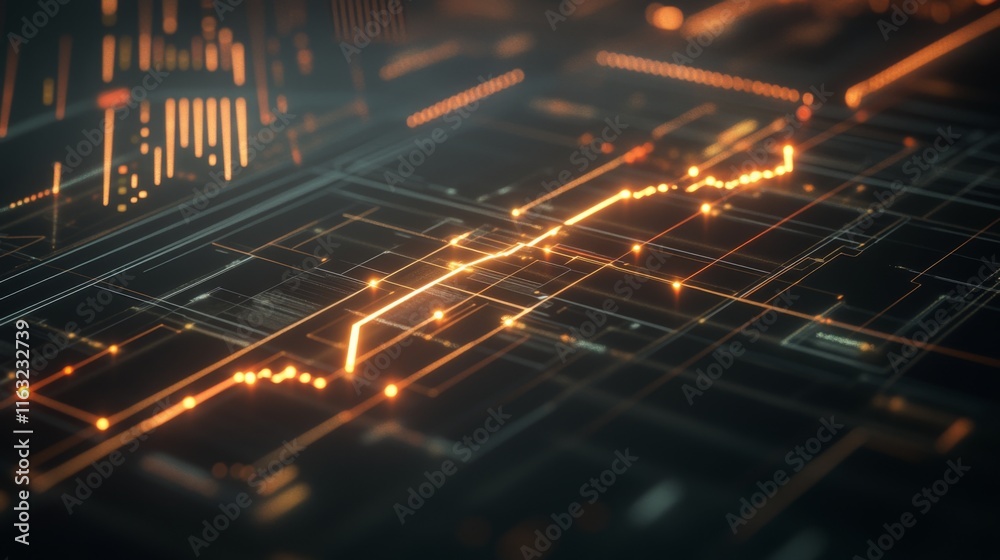 Leinwandbilder A dynamic D financial bar chart with glowing lines and a digital interface, showing key business metrics in a high-tech environment.