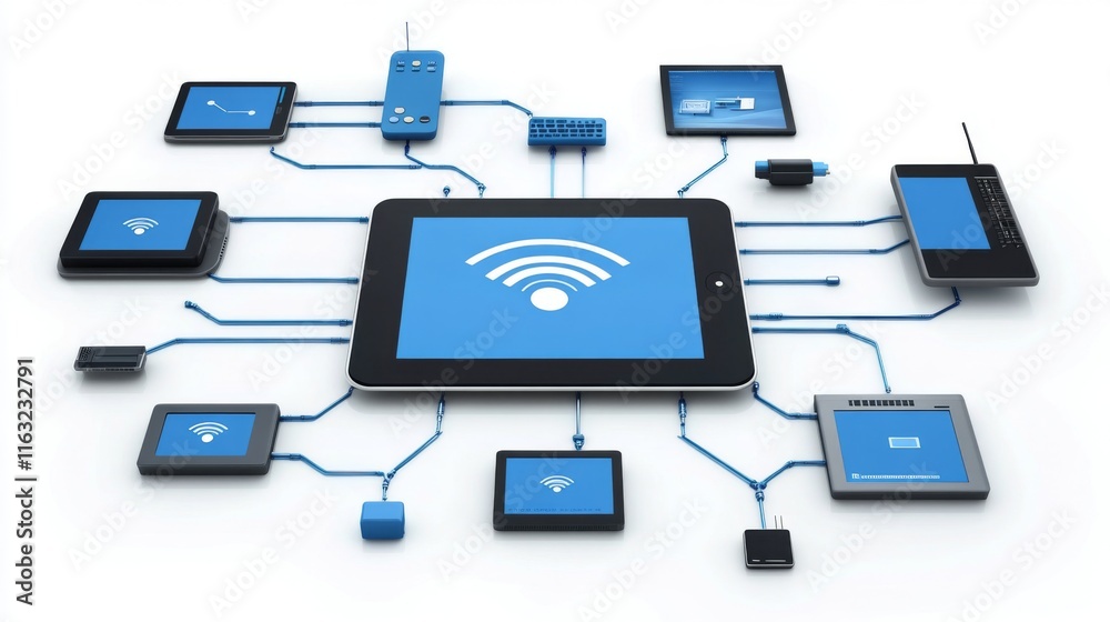 Aufkleber a dynamic image of a wi-fi network diagram on a digital tablet, with various devices connected, emph
