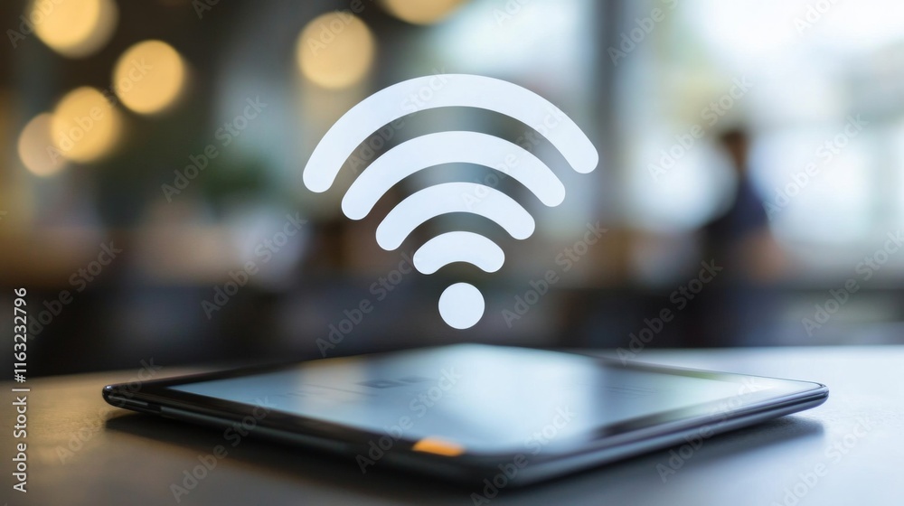 Aufkleber a dynamic image of a wi-fi network diagram on a digital tablet, with various devices connected, emph