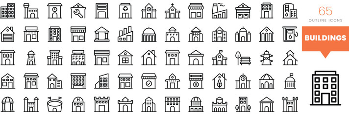 Set of minimalist linear buildings icons. Vector illustration