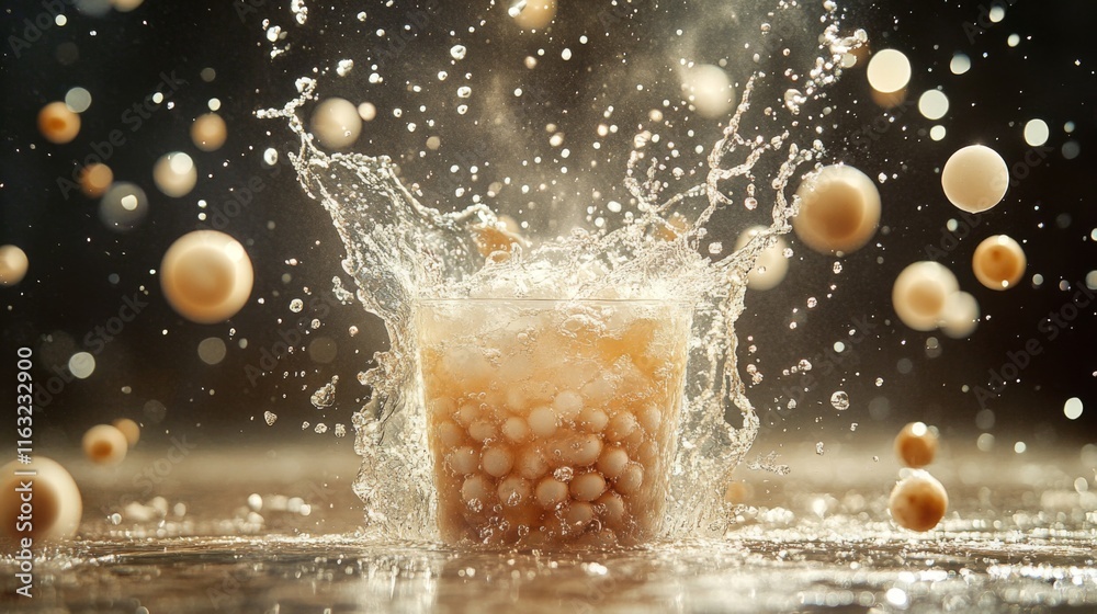 Poster a dynamic shot of bubble tea being poured into a clear cup, with bubbles and ice swirling, creating 