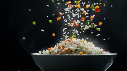 A dynamic shot of fried rice being plated, with vibrant ingredients falling into the bowl, emphasizing the freshness and excitement of preparing this beloved dish.