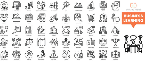 Set of minimalist linear business learning icons. Vector illustration