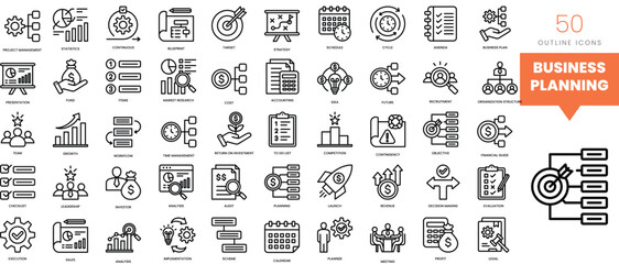 Set of minimalist linear business planning icons. Vector illustration