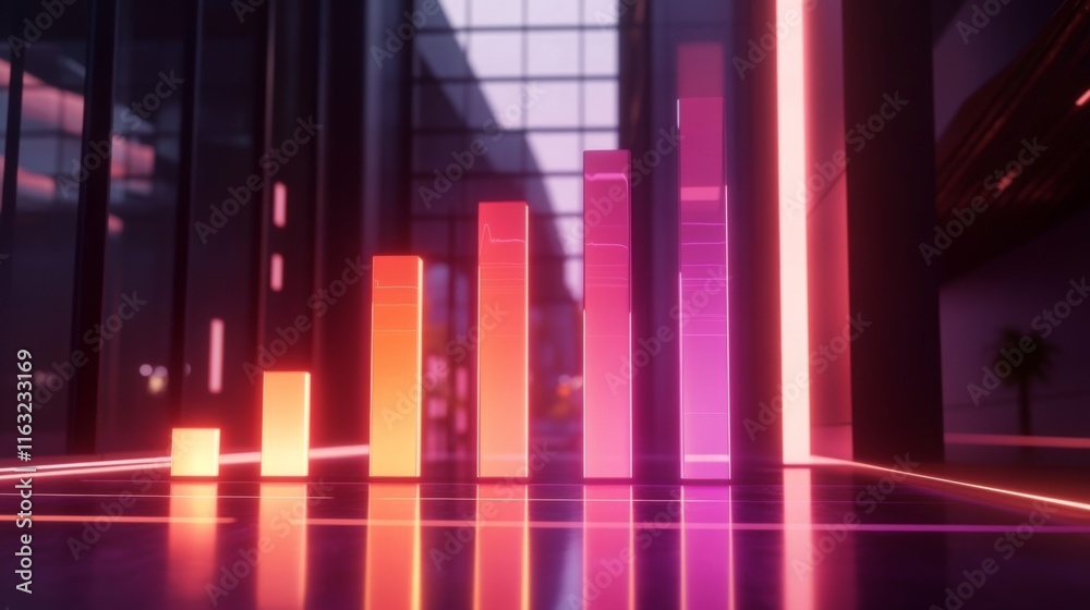 Poster a futuristic d bar chart with illuminated bars in various heights, highlighting business growth data
