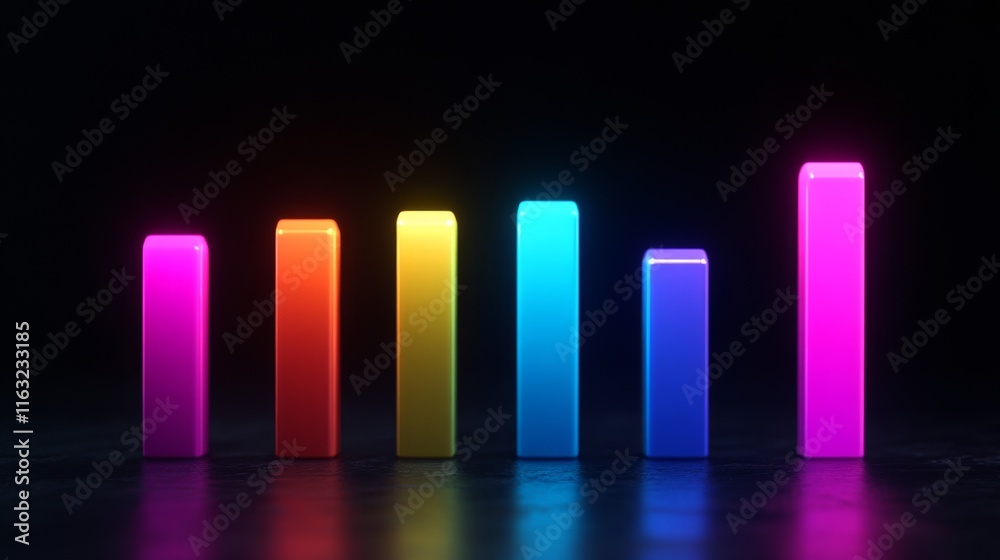 Poster A futuristic D bar chart with illuminated bars in various heights, highlighting business growth data in a digital finance environment.