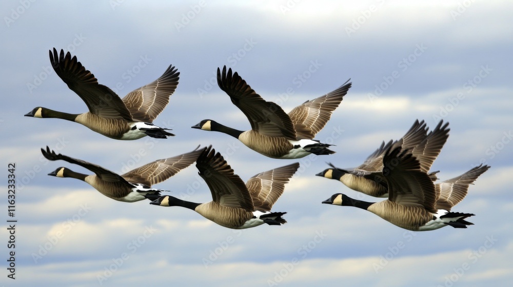 Aufkleber a group of migrating geese flying in a perfect v formation against a dramatic cloudy sky, capturing 