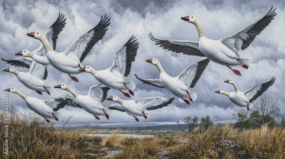Aufkleber a group of migrating geese flying in a perfect v formation against a dramatic cloudy sky, capturing 