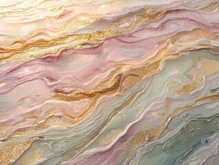 Fototapeta premium A mesmerizing texture of shimmering holographic waves glowing softly in pastel tones of lavender, pink, and gold, surrounded by radiant light beams and glitter particles creating depth. 