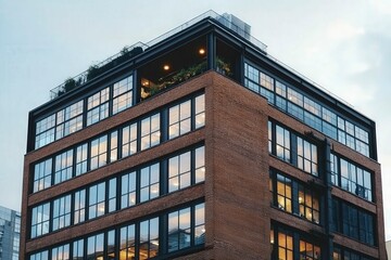Obraz premium Modern Brick Building with Large Windows at Dusk