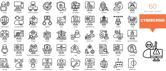 Set of minimalist linear cybercrime icons. Vector illustration