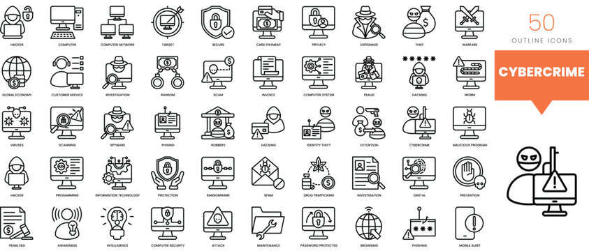 Set of minimalist linear cybercrime icons. Vector illustration