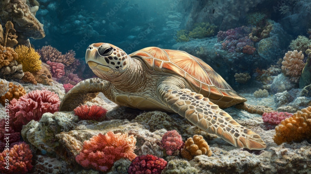 Poster a peaceful image of a sea turtle resting on a rocky seabed, with soft corals and colorful sponges su