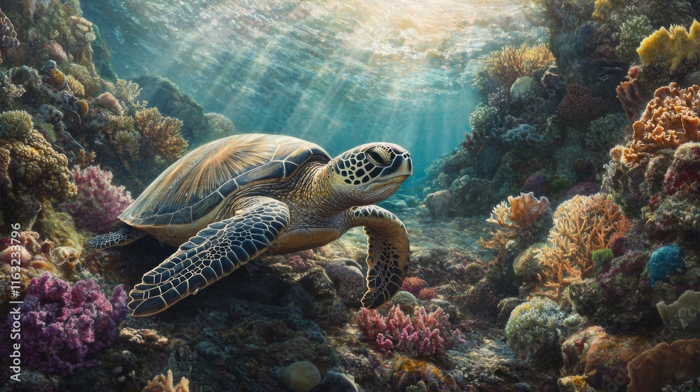 Poster a peaceful image of a sea turtle resting on a rocky seabed, with soft corals and colorful sponges su