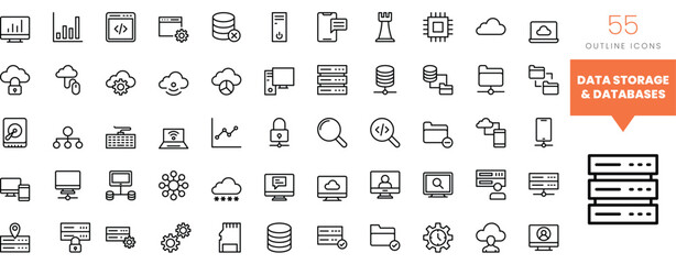 Set of minimalist linear data storage and databases icons. Vector illustration