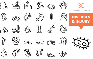 Set of minimalist linear diseases and injury icons. Vector illustration
