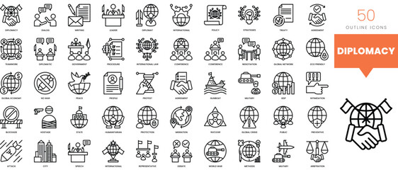Set of minimalist linear diplomacy icons. Vector illustration