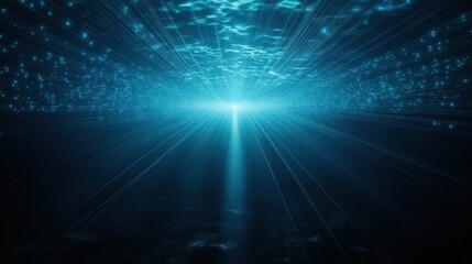 Subsea data stations linked by bioluminescent light beams create underwater communication network. Beams radiate from central light source. Deep ocean environment. Abstract, futuristic concept. Ocean