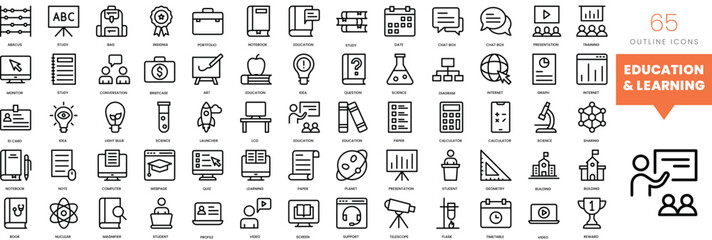 Set of minimalist linear education and learning icons. Vector illustration