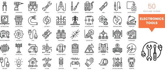 Set of minimalist linear electronics tools icons. Vector illustration