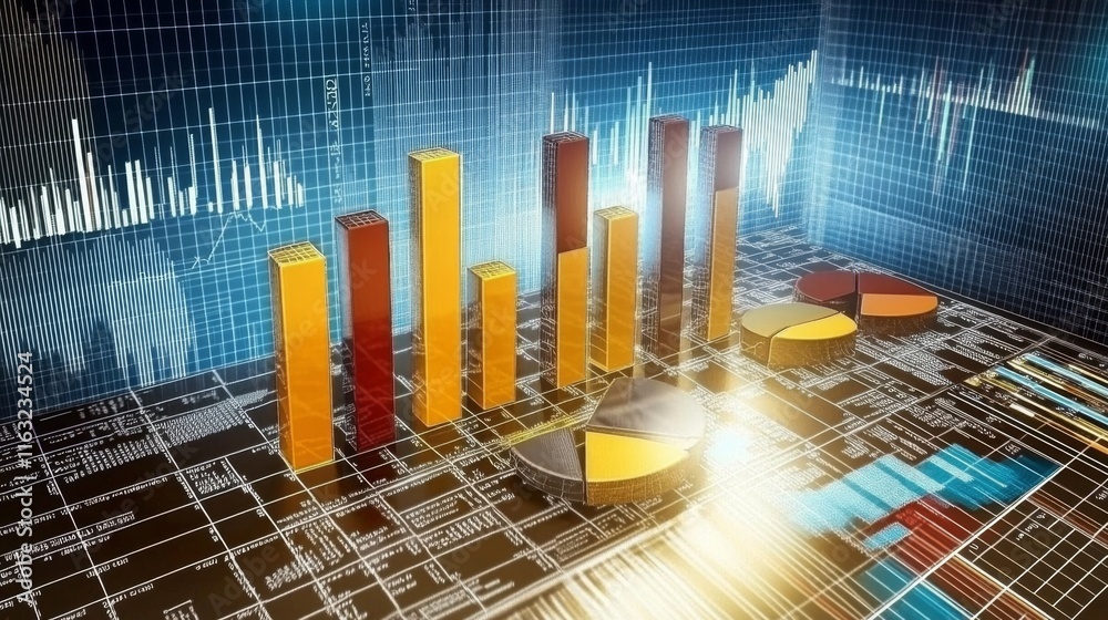 Poster A set of bar and pie charts displaying financial performance metrics, surrounded by stock symbols and futuristic data overlays.