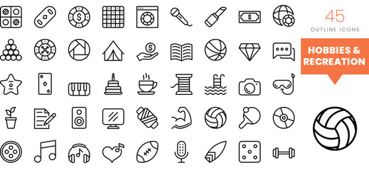 Set of minimalist linear hobbies and recreation icons. Vector illustration