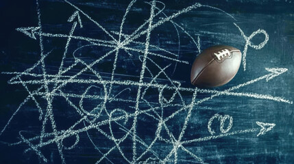close up of football on chalkboard with chaotic play diagrams, symbolizing strategy and teamwork in sports. image captures essence of game planning and excitement
