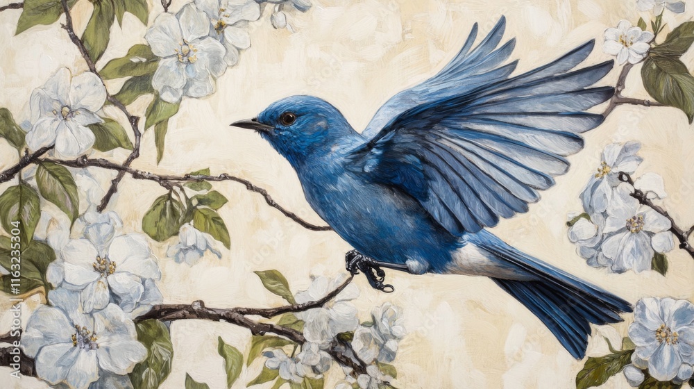 Poster A vibrant bluebird in full flight, captured in sharp detail as it flits between branches, surrounded by blooming flowers in a sunny garden.