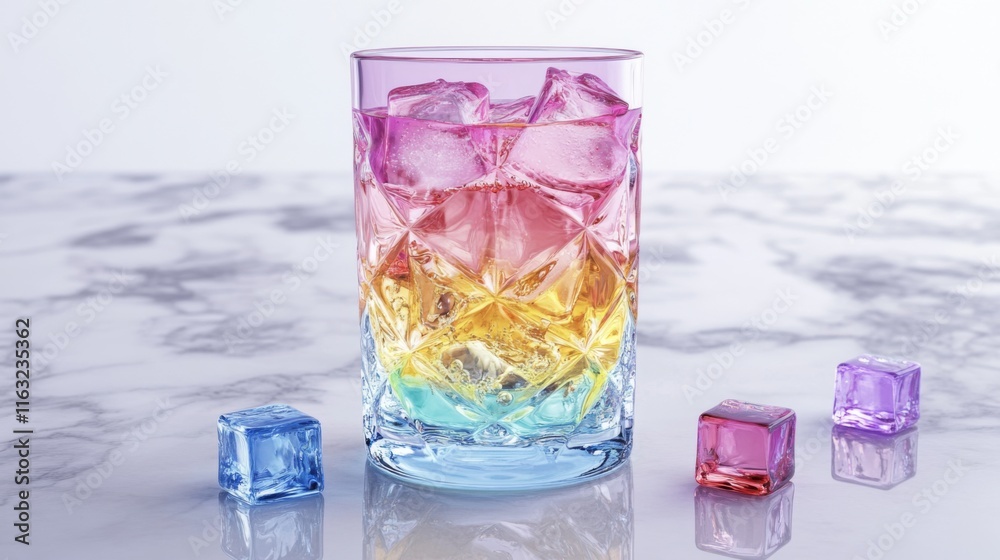 Poster a vibrant glass of soda with colorful bubbles and ice cubes, positioned on a marble countertop, with