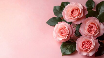 Fototapeta premium A serene composition of delicate pink roses with lush green leaves, perfect for wedding invites, romantic occasions, and spring-themed designs.