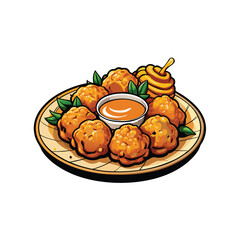 Create a vibrant vector illustration of a platter of golden-brown Thai fried banana fritters, glistening with oil, served with a sweet dipping sauce.