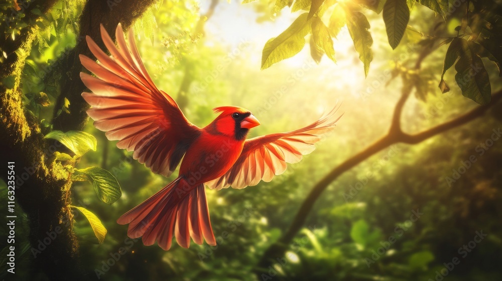 Poster a vibrant red cardinal in mid-flight, captured with clear detail as it flaps its wings against a bac