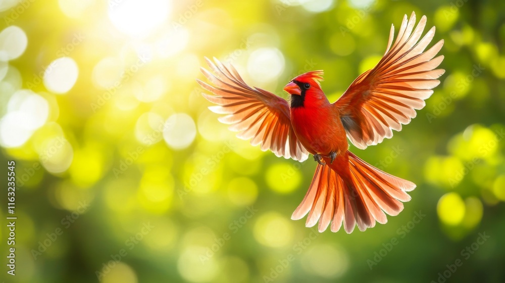 Poster a vibrant red cardinal in mid-flight, captured with clear detail as it flaps its wings against a bac
