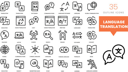 Set of minimalist linear language translation icons. Vector illustration