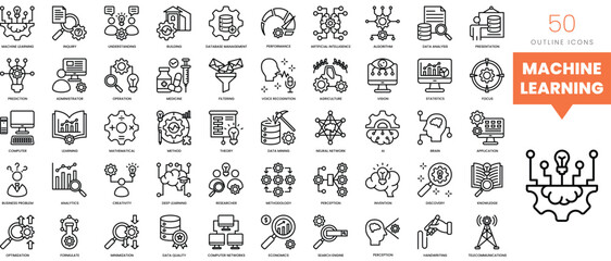 Set of minimalist linear machine learning icons. Vector illustration
