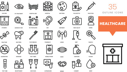 Set of minimalist linear medical and healthcare icons. Vector illustration