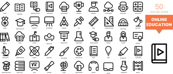 Set of minimalist linear online education icons. Vector illustration