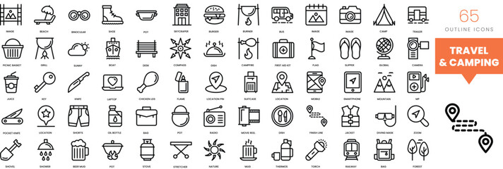 Set of minimalist linear outdoor travel and camping icons. Vector illustration