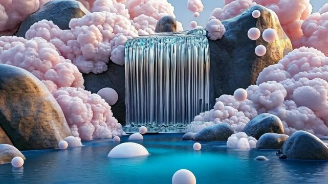 Serene waterfall cascades into tranquil pool surrounded by soft pink clouds and floating spheres in a fantasy landscape