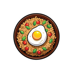 Create a vibrant vector illustration of egg fried rice, showcasing fluffy rice, scrambled egg, and green peas.  Focus on a detailed, appetizing depiction.