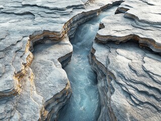 A narrow water channel cuts through layered rock formations, showcasing nature's intricate patterns and textures.