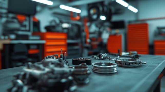Workshop scene car parts. High-performance aftermarket components arranged on workbench. Manufacturing process likely in progress. Focused on quality control, precision. Background suggests
