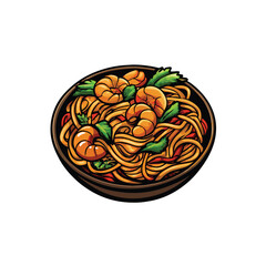 Create a vibrant vector illustration of shrimp lo mein noodles, featuring prominently Vegeta from Dragon Ball Z, enjoying the dish.  Style should be clean and appealing.