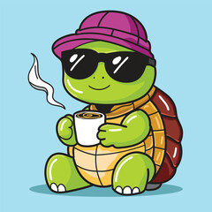a Cute Turtle Enjoying Hot Coffee, the turtle wearing sunglasses and hat