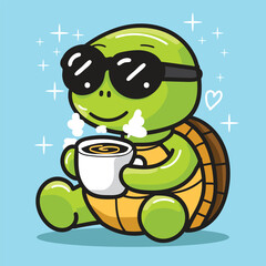 a Cute Turtle Enjoying Hot Coffee, the turtle wearing sunglasses and hat